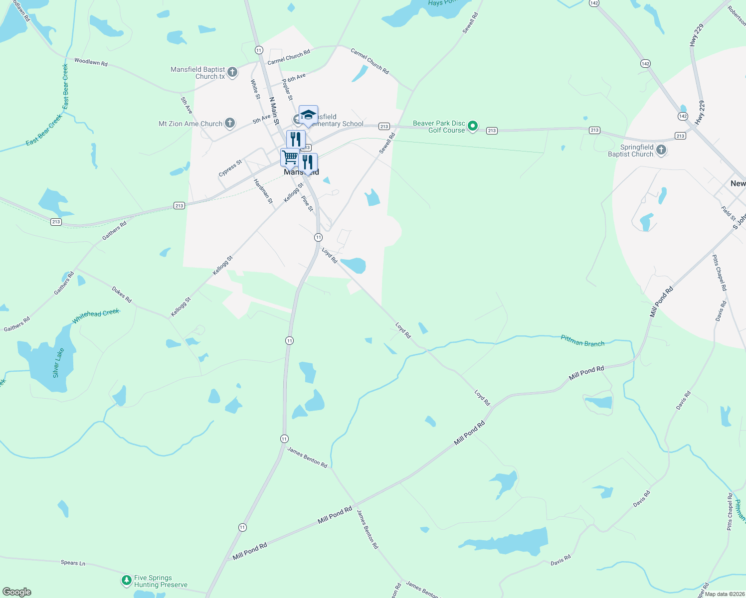 map of restaurants, bars, coffee shops, grocery stores, and more near Loyd Road in Mansfield