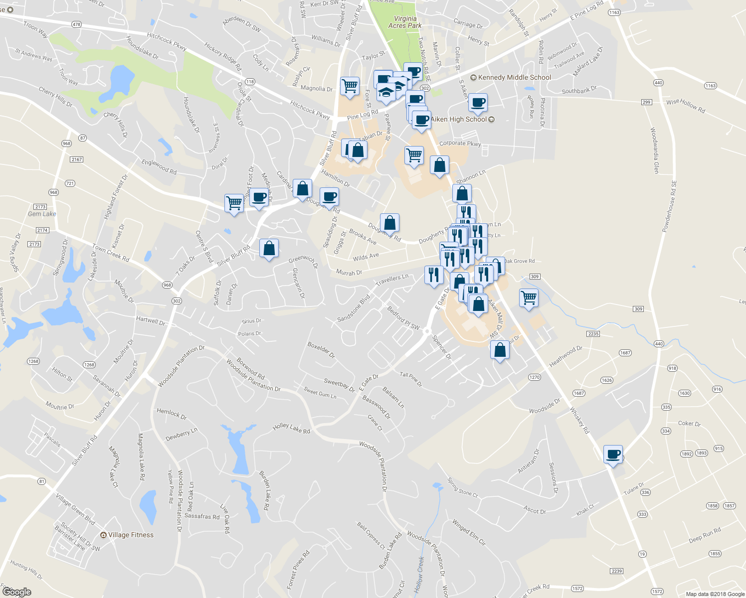 map of restaurants, bars, coffee shops, grocery stores, and more near 124 Beauregard Lane Southwest in Aiken