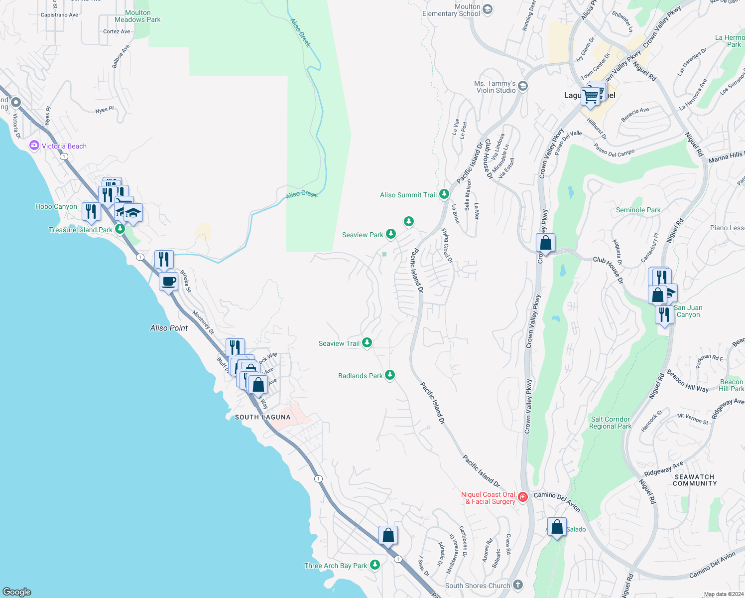 map of restaurants, bars, coffee shops, grocery stores, and more near 1 Saint Maxime in Laguna Niguel