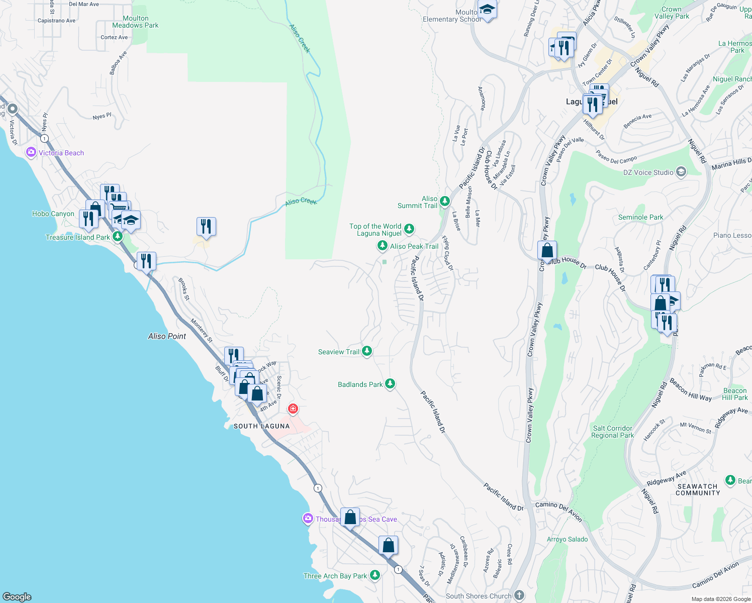 map of restaurants, bars, coffee shops, grocery stores, and more near 7 Saint Maxime in Laguna Niguel