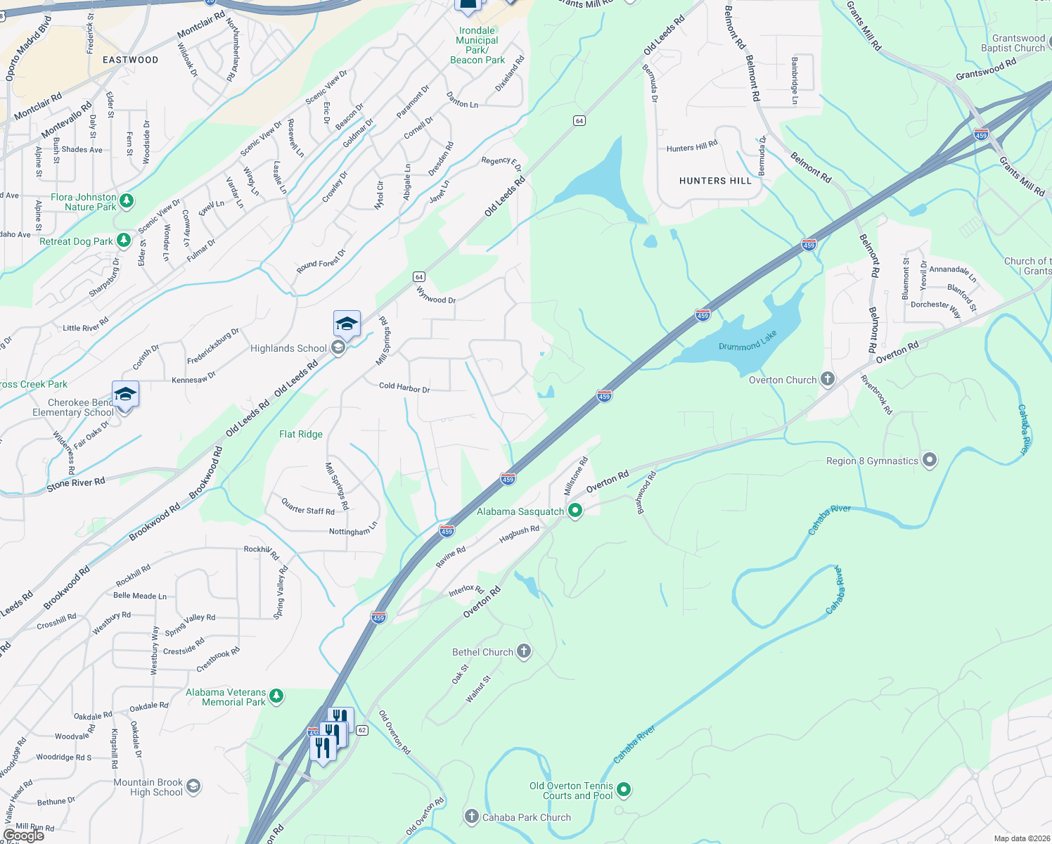 map of restaurants, bars, coffee shops, grocery stores, and more near 3545 Branch Mill Road in Birmingham