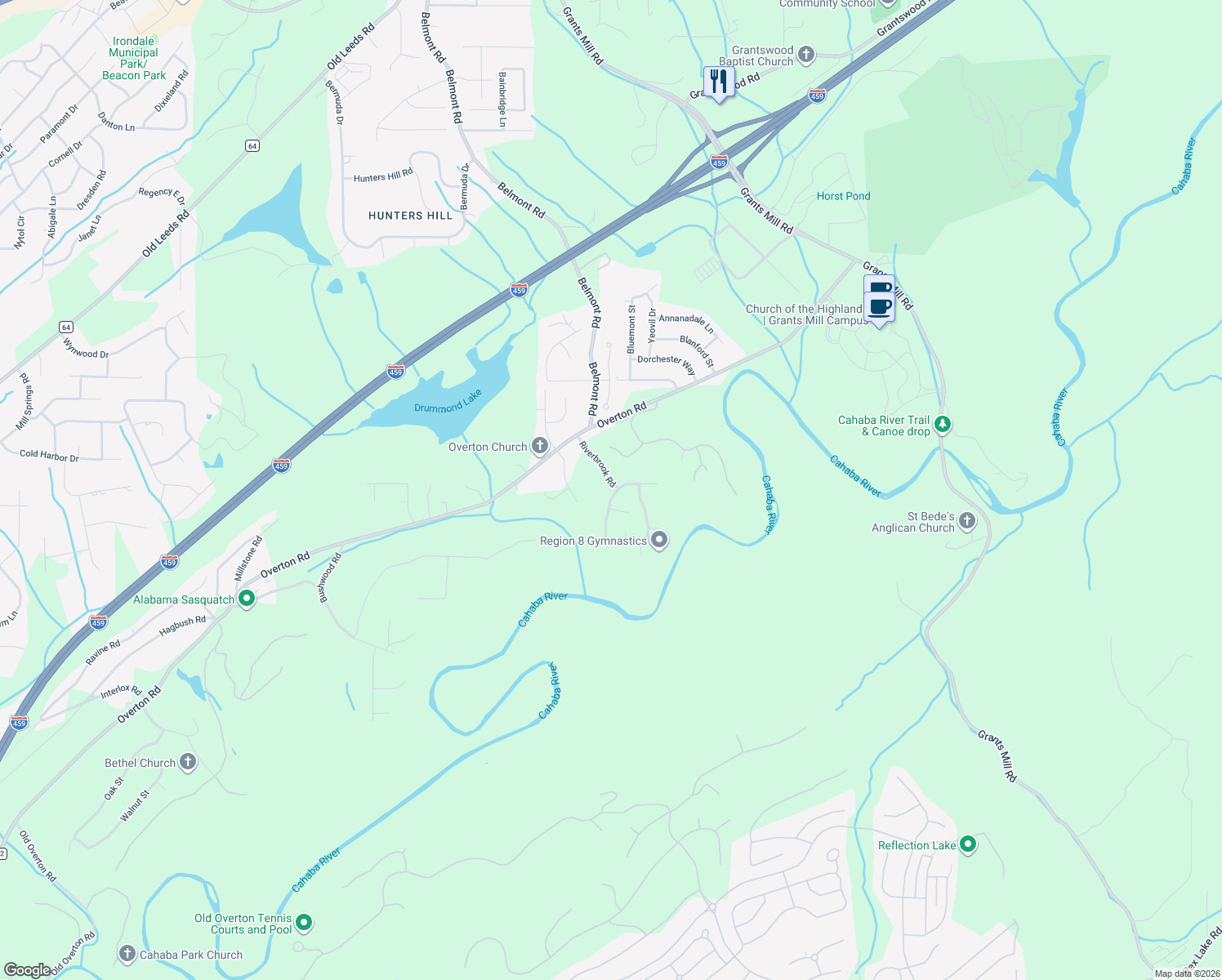 map of restaurants, bars, coffee shops, grocery stores, and more near 4134 Riverbrook Road in Irondale