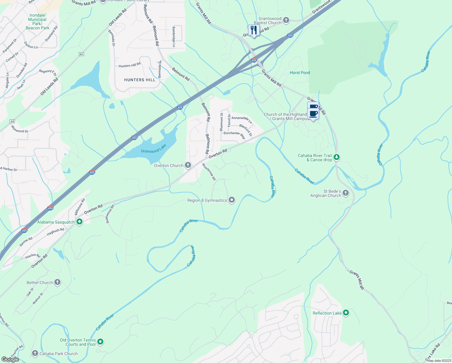 map of restaurants, bars, coffee shops, grocery stores, and more near 4146 Riverbrook Road in Irondale
