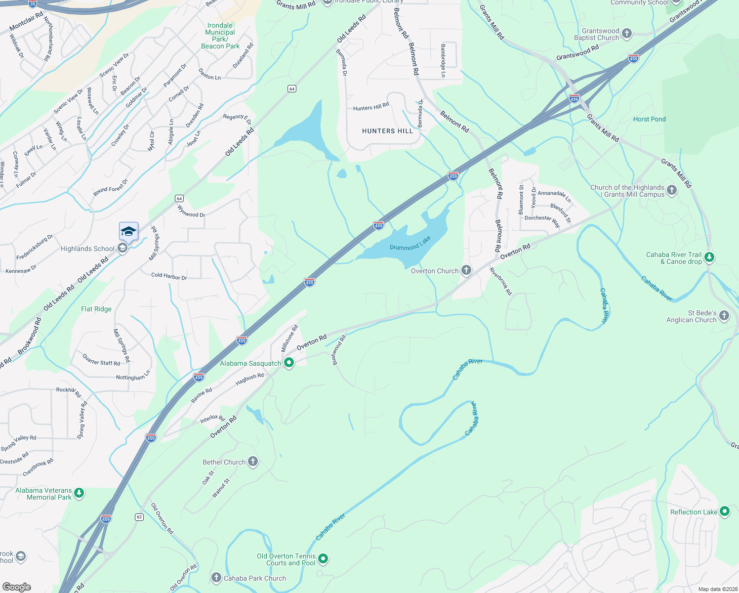 map of restaurants, bars, coffee shops, grocery stores, and more near 4969 White Oak Road in Irondale