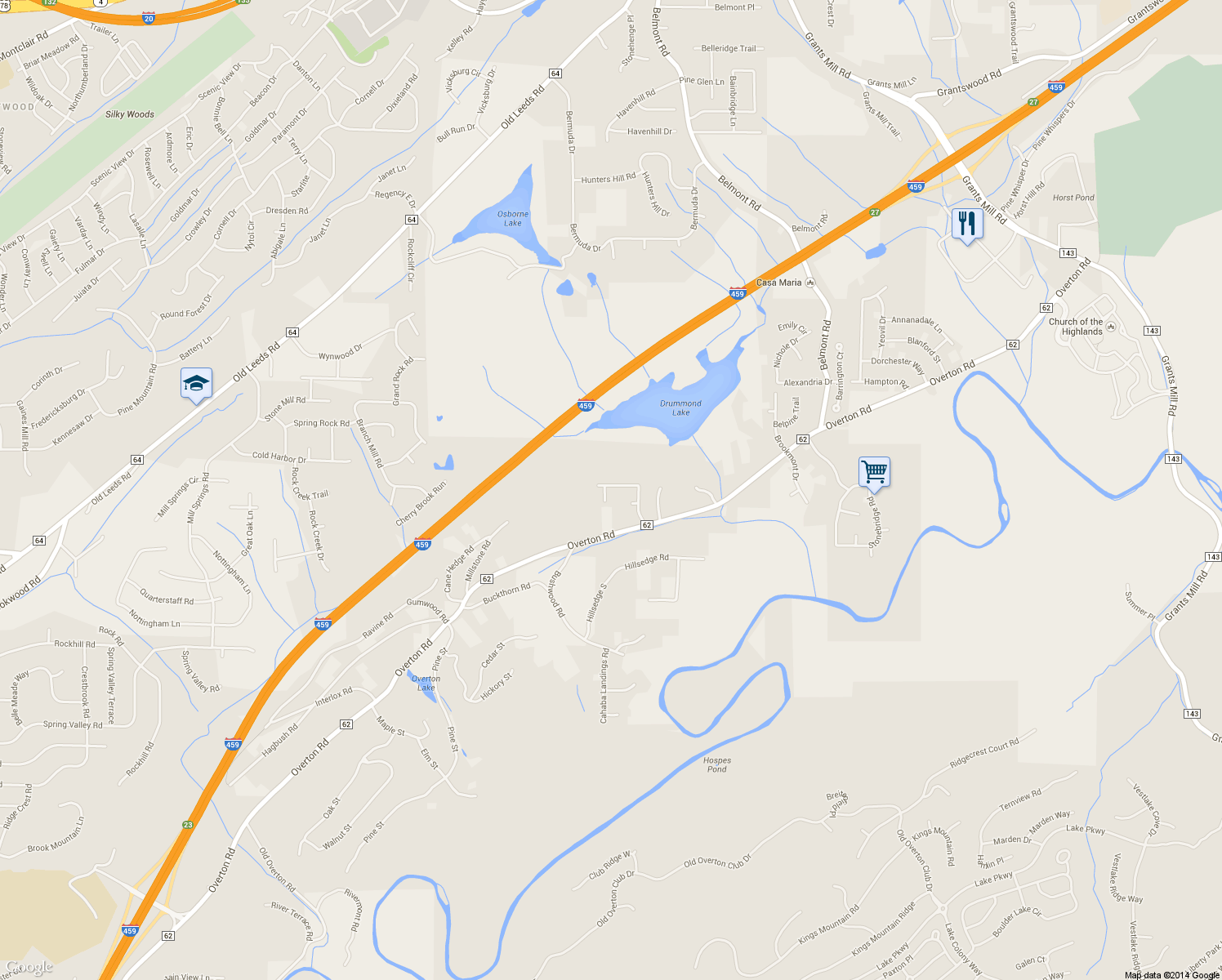 map of restaurants, bars, coffee shops, grocery stores, and more near 4969 White Oak Road in Irondale