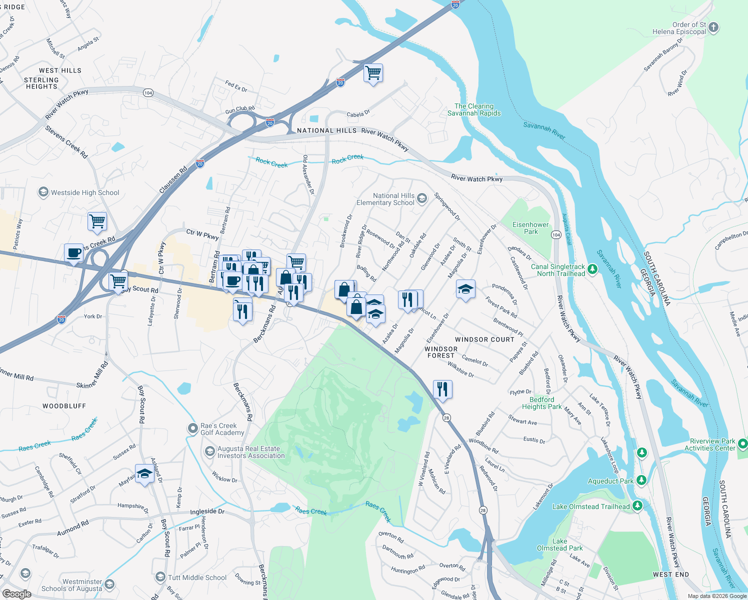 map of restaurants, bars, coffee shops, grocery stores, and more near 1021 Oakdale Road in Augusta