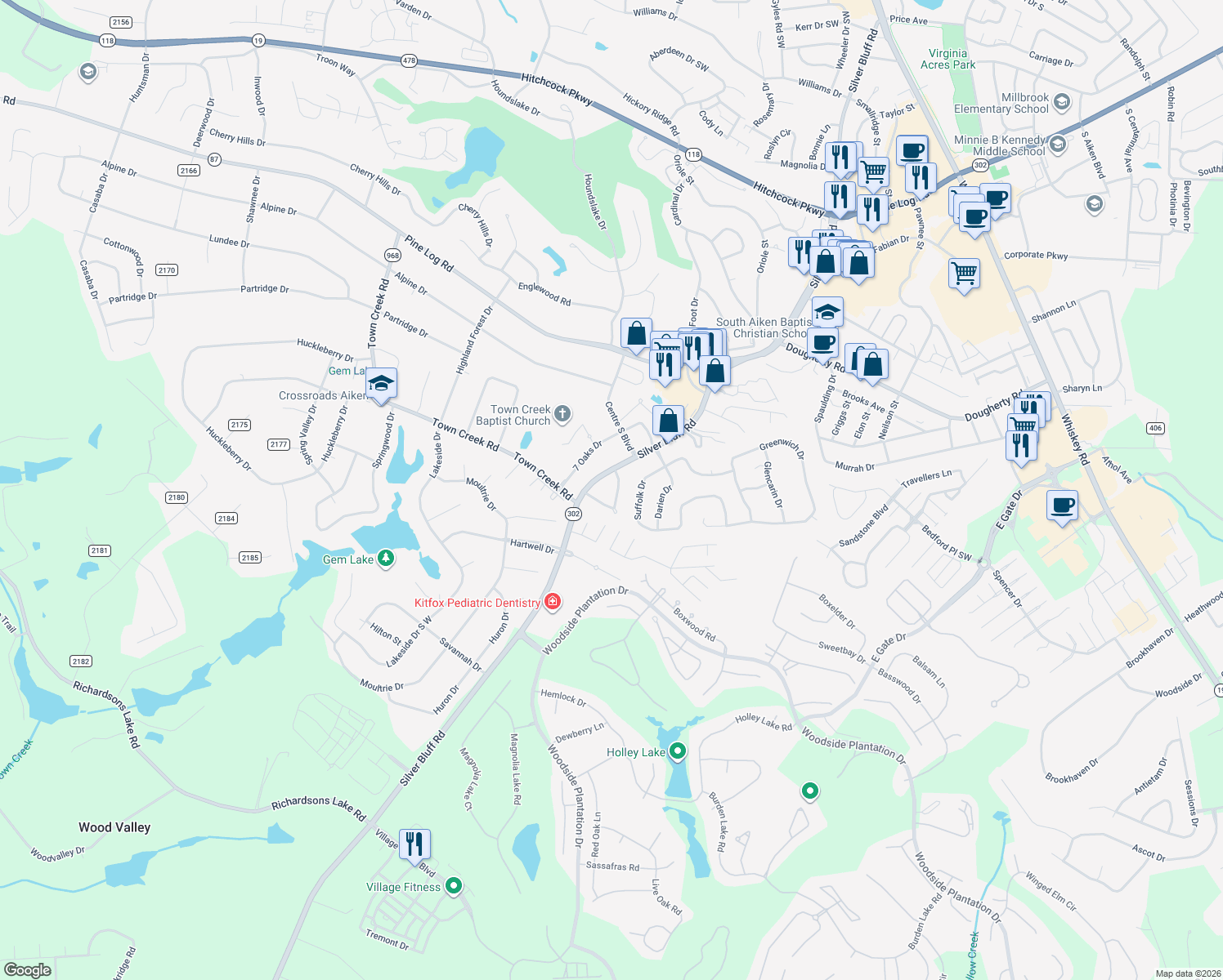 map of restaurants, bars, coffee shops, grocery stores, and more near 107 Indian Creek Trail in Aiken