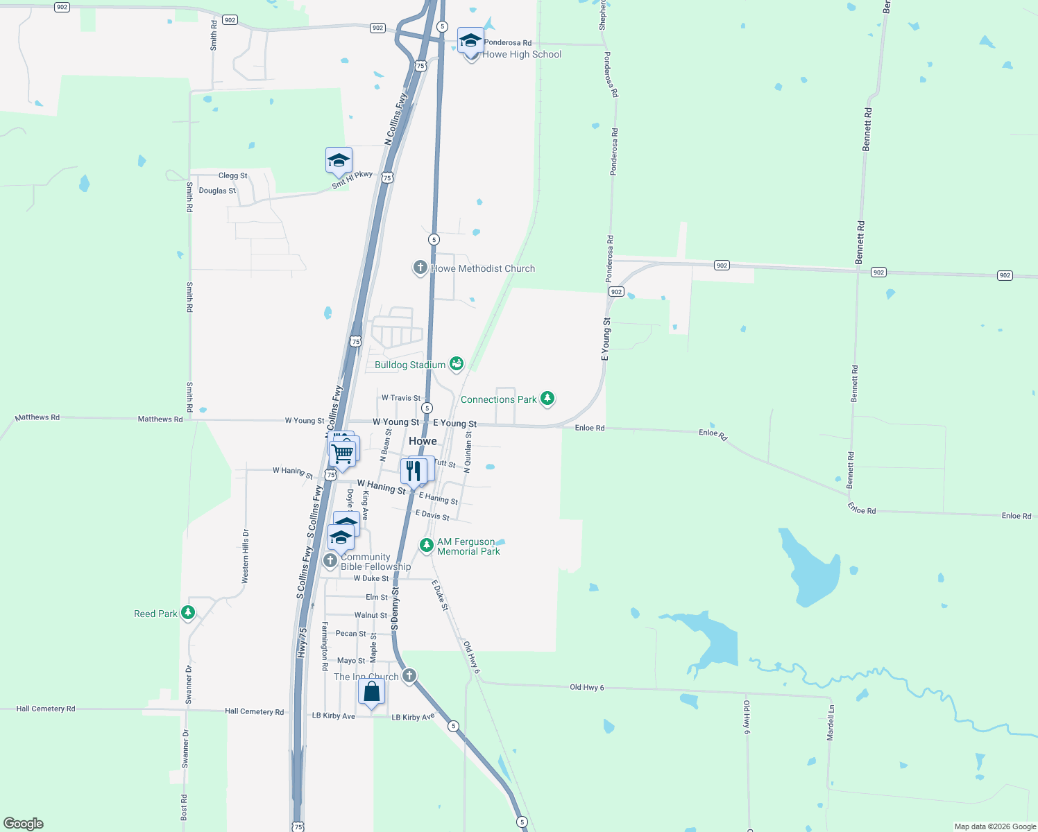 map of restaurants, bars, coffee shops, grocery stores, and more near 503 North Castlegate Street in Howe