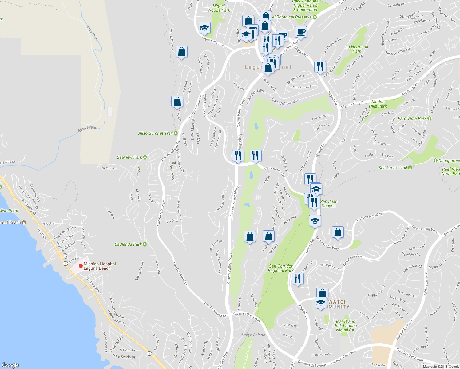 map of restaurants, bars, coffee shops, grocery stores, and more near 35 Woodhaven Drive in Laguna Niguel