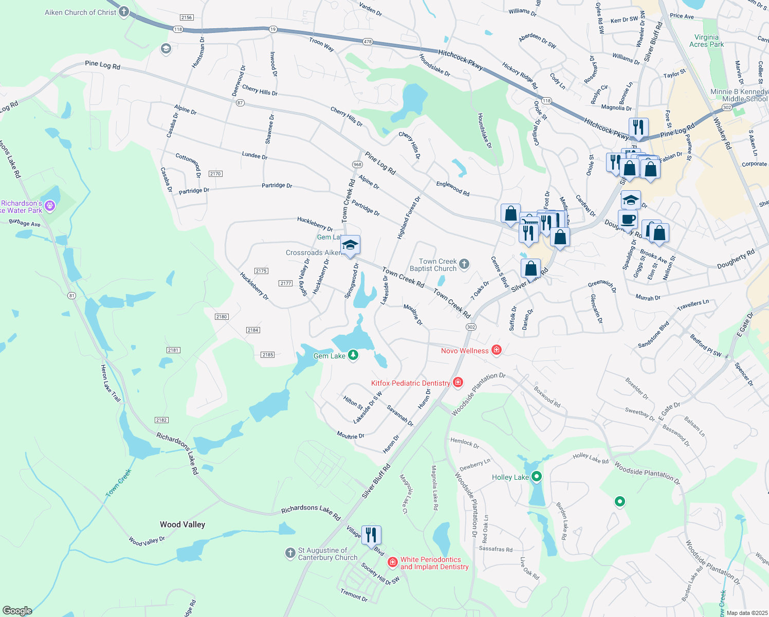 map of restaurants, bars, coffee shops, grocery stores, and more near 220 Lakeside Dr in Aiken