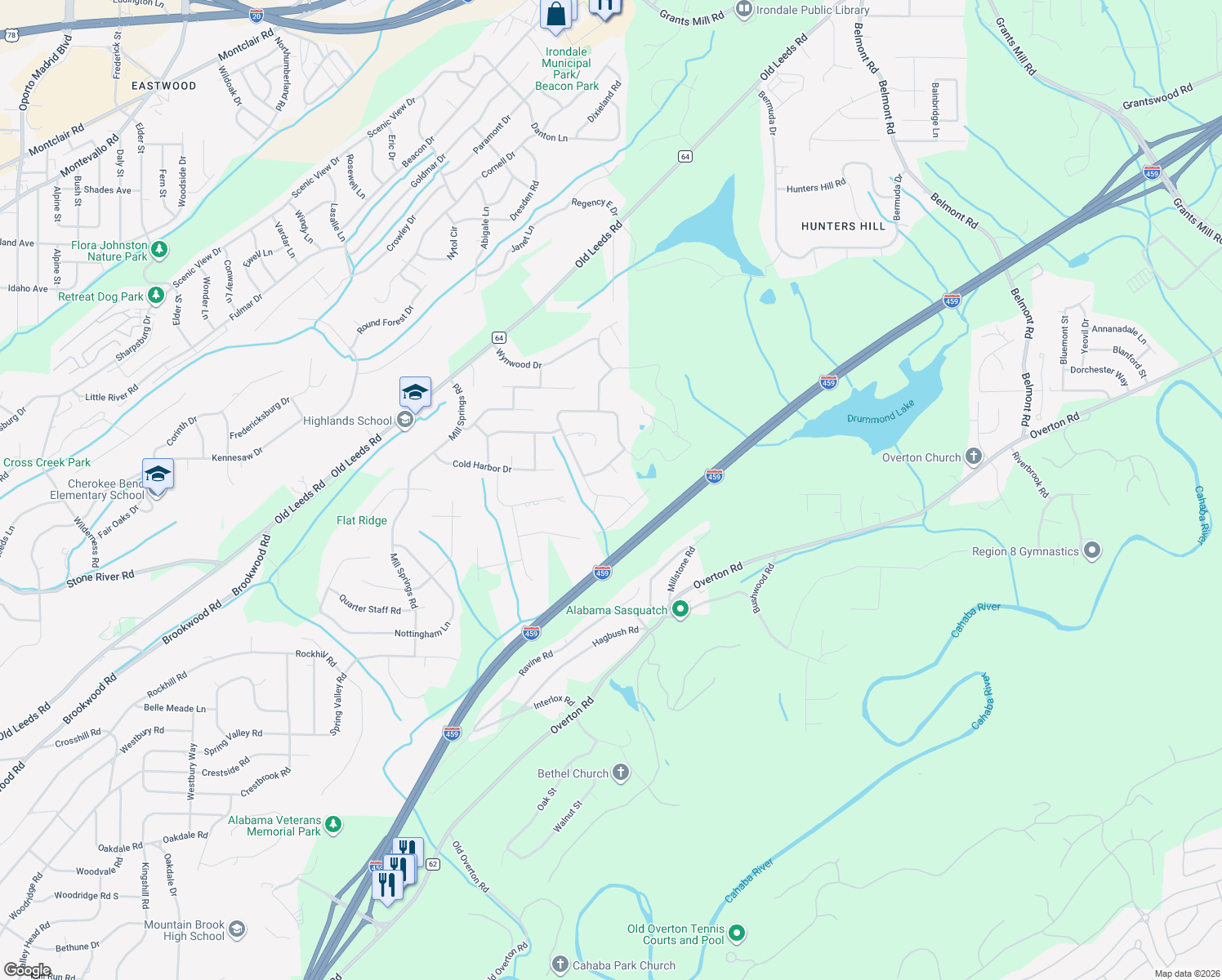 map of restaurants, bars, coffee shops, grocery stores, and more near 3545 Branch Mill Road in Birmingham