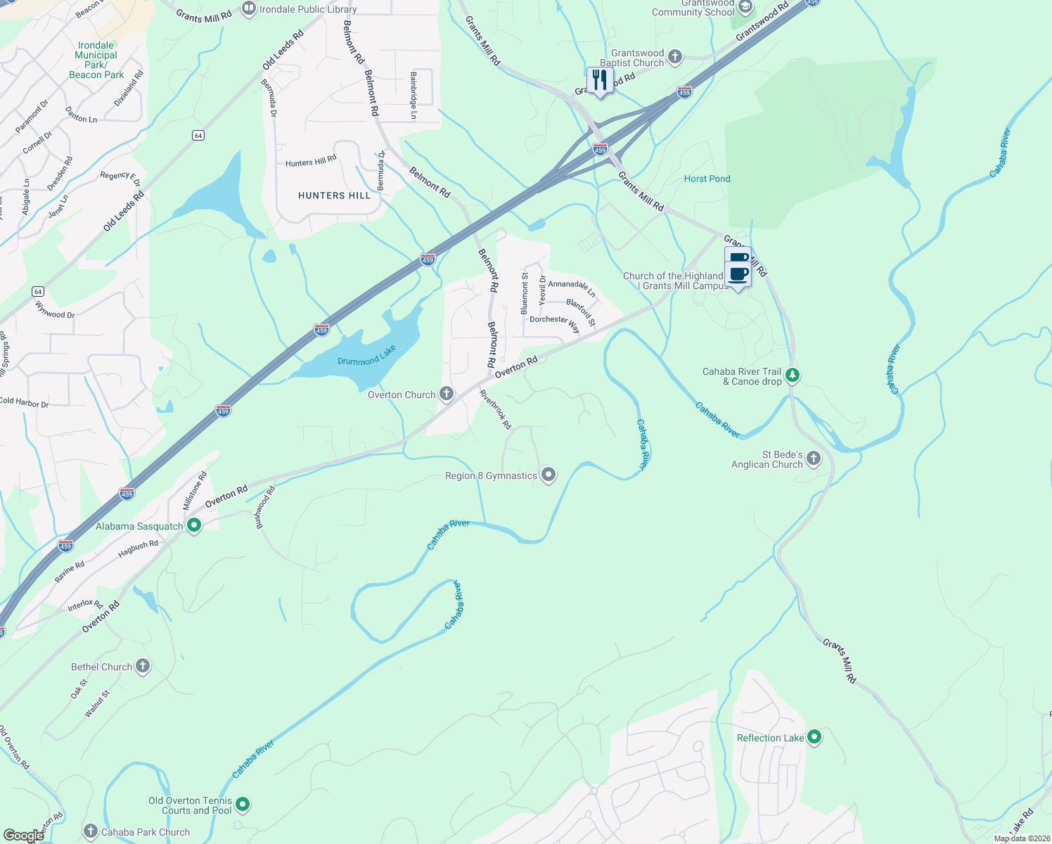 map of restaurants, bars, coffee shops, grocery stores, and more near 4146 Riverbrook Road in Irondale