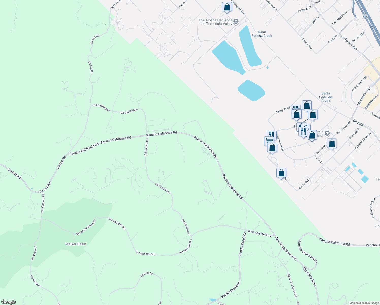 map of restaurants, bars, coffee shops, grocery stores, and more near 42980 Calle Montecillo in Temecula