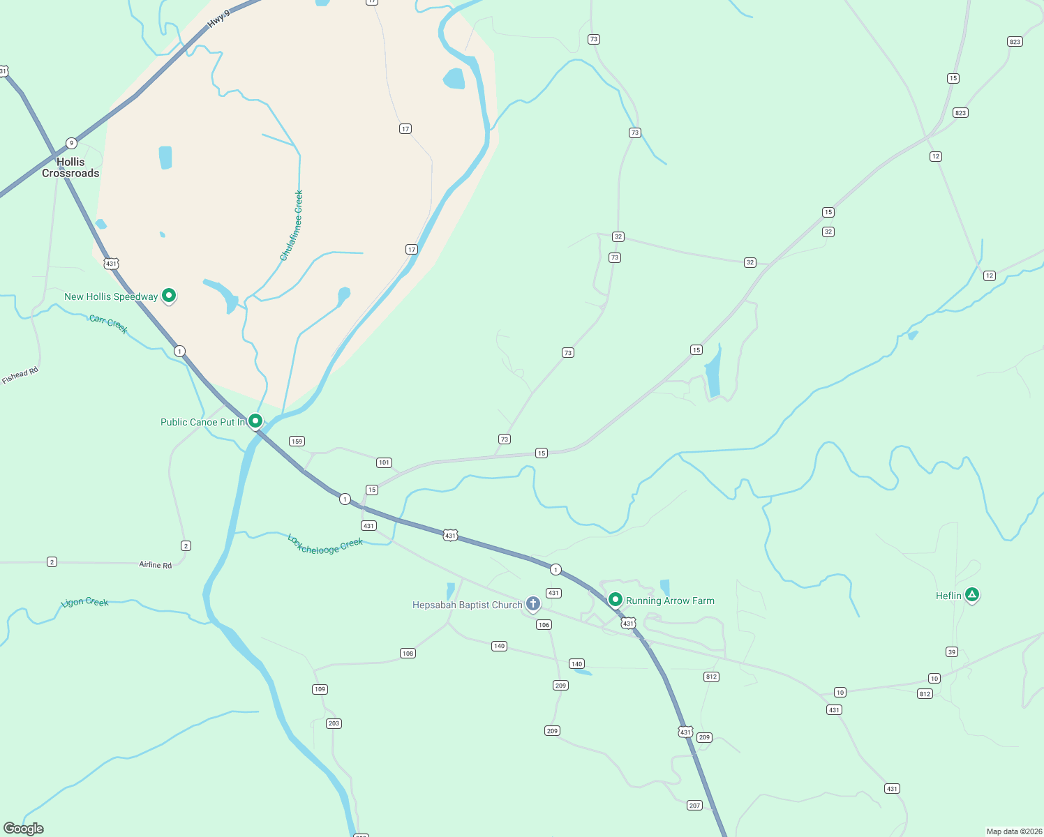 map of restaurants, bars, coffee shops, grocery stores, and more near 3303 County Highway 73 in Heflin