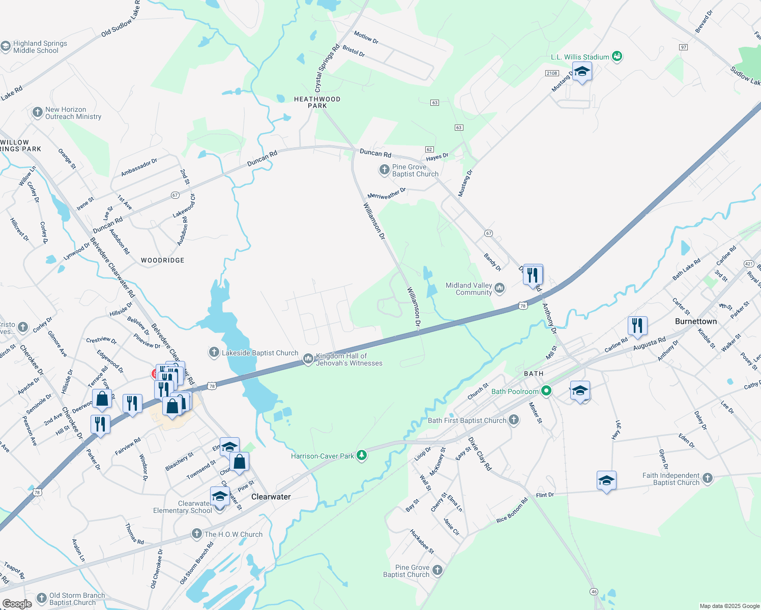 map of restaurants, bars, coffee shops, grocery stores, and more near 200 Crytzer Lane in Graniteville