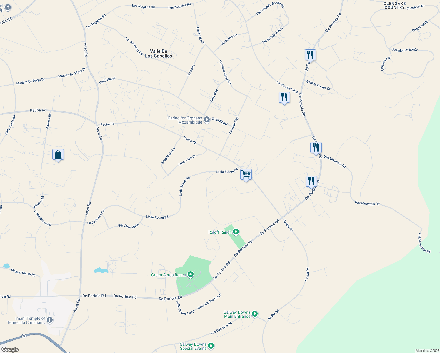 map of restaurants, bars, coffee shops, grocery stores, and more near 36409 Linda Rosea Road in Temecula