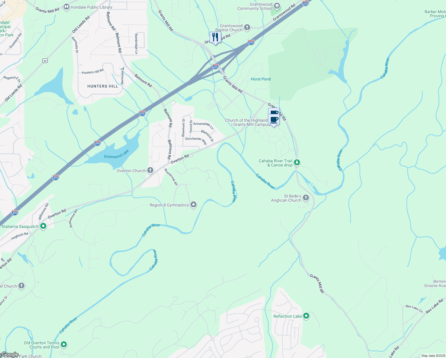 map of restaurants, bars, coffee shops, grocery stores, and more near 115 Trillium Drive in Irondale