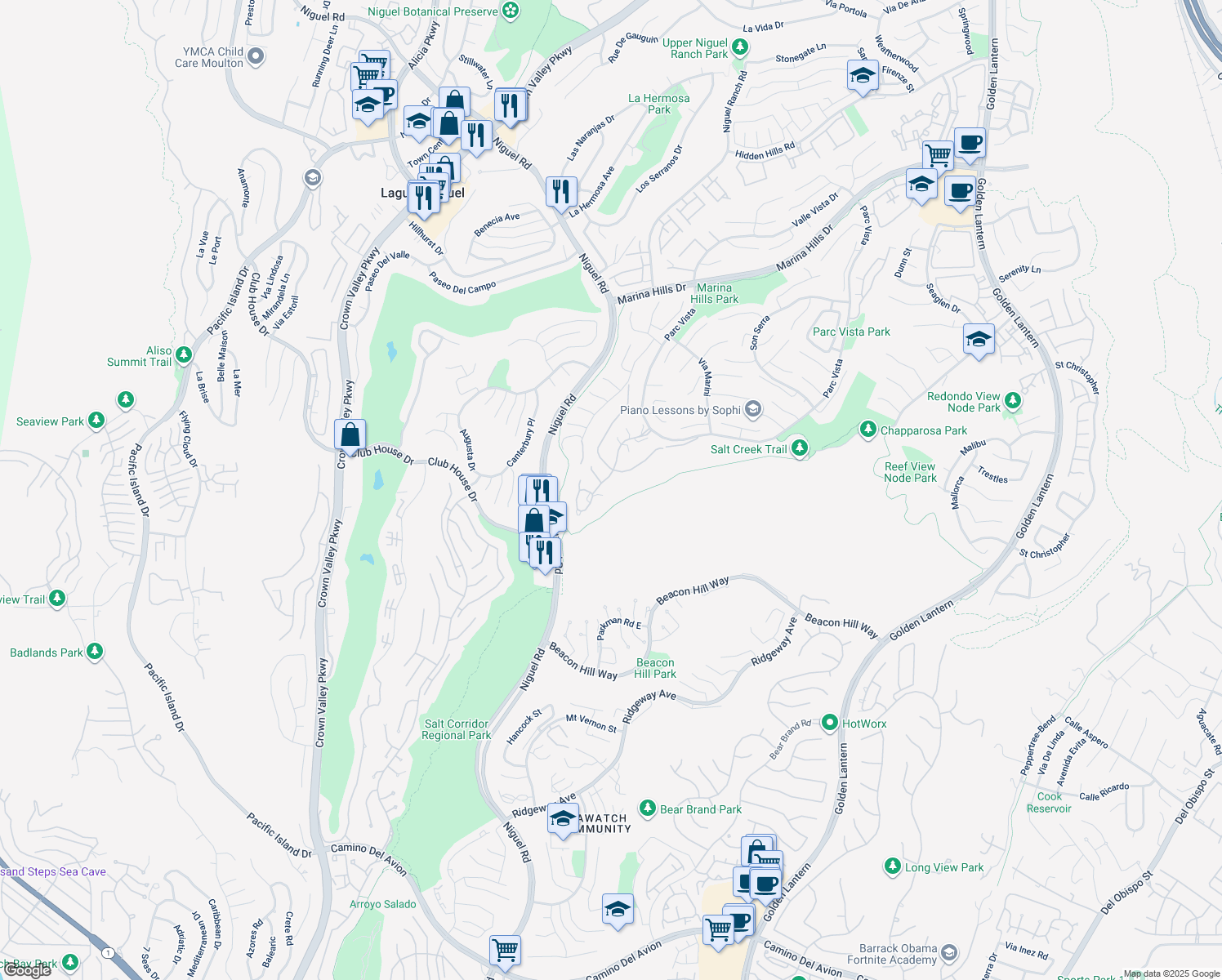 map of restaurants, bars, coffee shops, grocery stores, and more near 52 Siena in Laguna Niguel