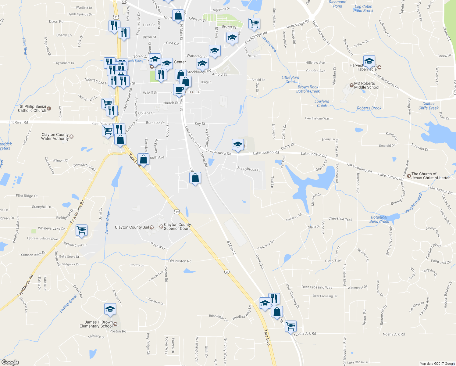 map of restaurants, bars, coffee shops, grocery stores, and more near 116 Thornton Drive in Jonesboro