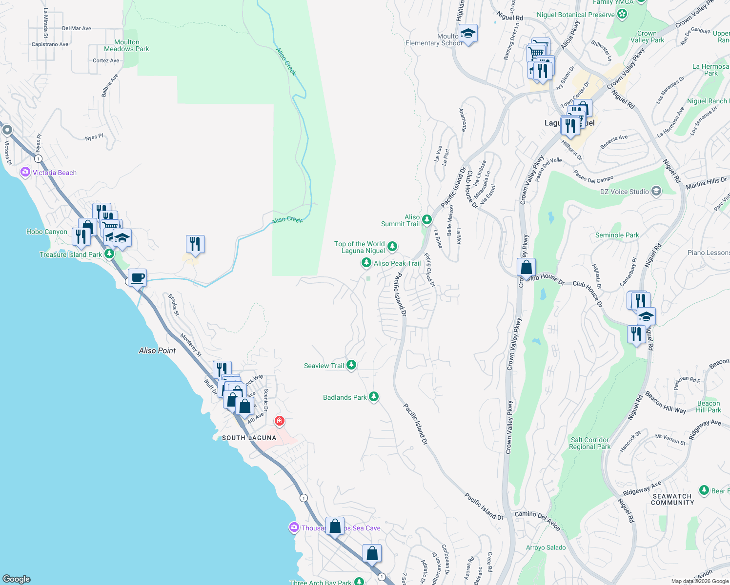 map of restaurants, bars, coffee shops, grocery stores, and more near 25500 Rancho Niguel Road in Laguna Niguel