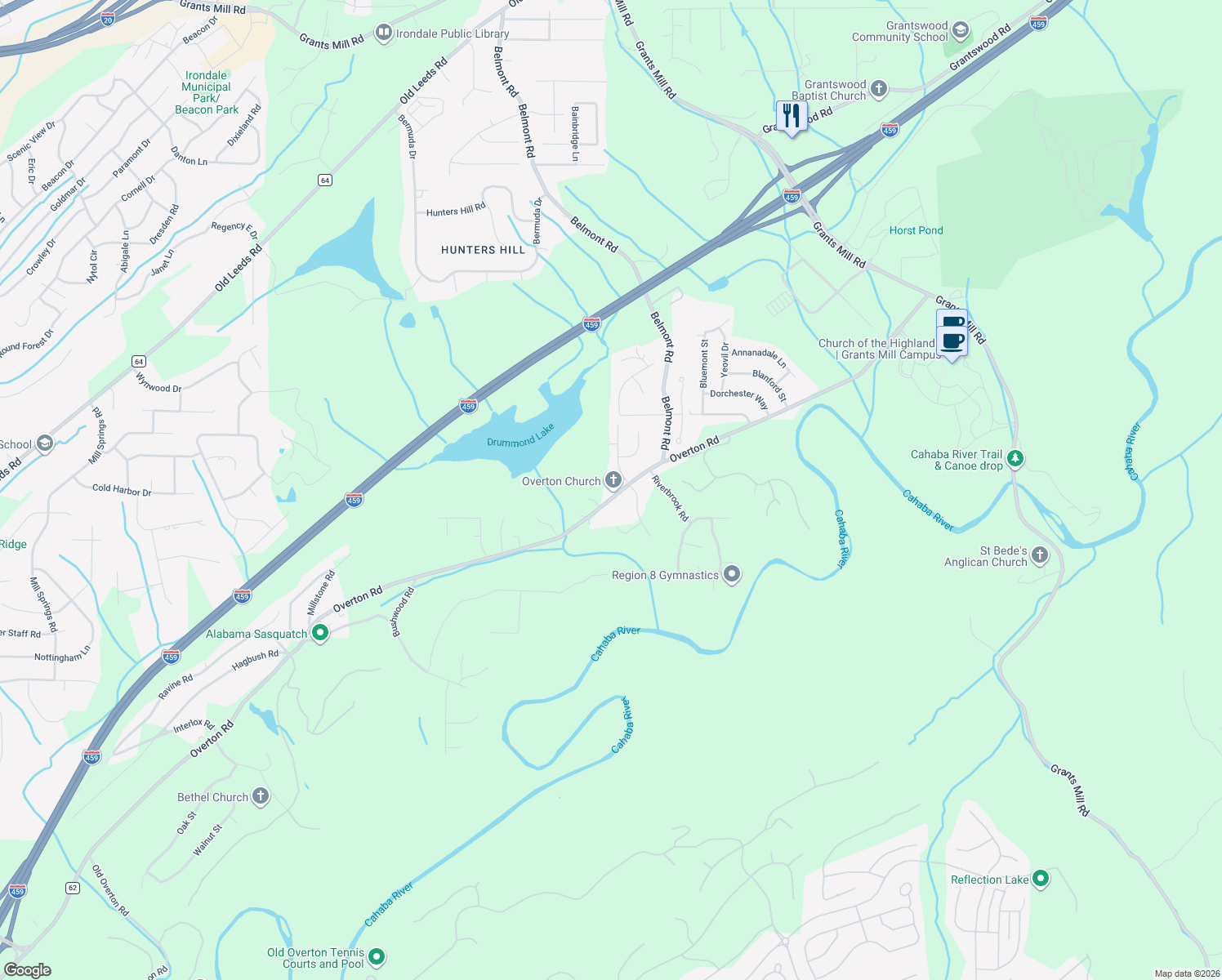 map of restaurants, bars, coffee shops, grocery stores, and more near 5460 Overton Road in Birmingham
