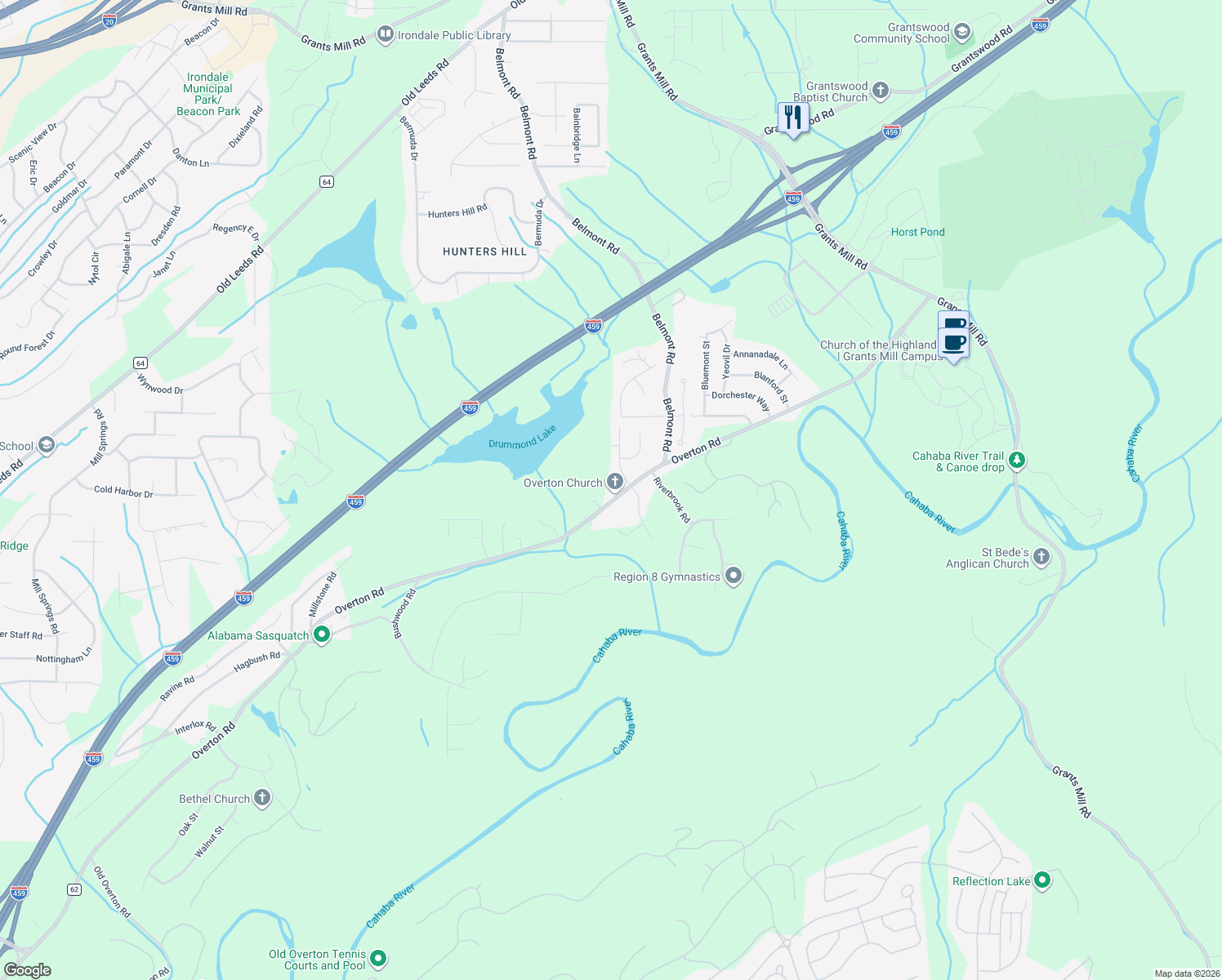 map of restaurants, bars, coffee shops, grocery stores, and more near 5460 Overton Road in Birmingham