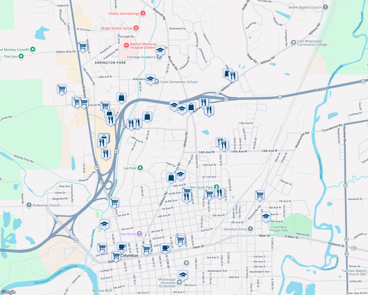 map of restaurants, bars, coffee shops, grocery stores, and more near 1599 N 15th Ave in Columbus