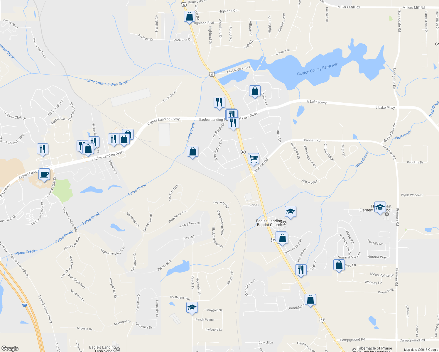 map of restaurants, bars, coffee shops, grocery stores, and more near 179 Parkside Drive in Stockbridge