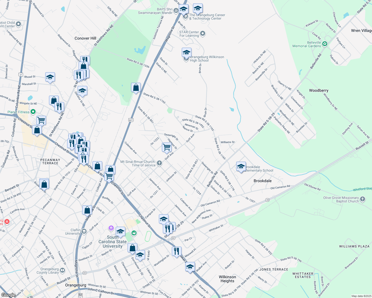 map of restaurants, bars, coffee shops, grocery stores, and more near 495 Seawright Street in Orangeburg