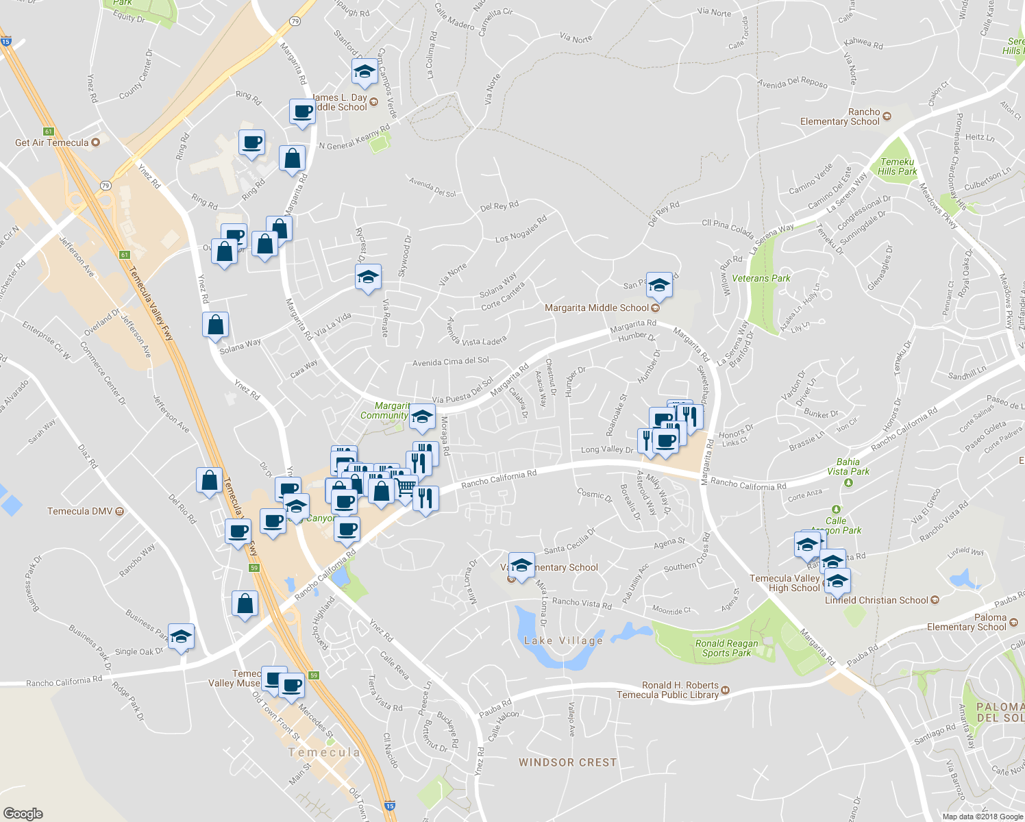 map of restaurants, bars, coffee shops, grocery stores, and more near 42112 Veneto Drive in Temecula
