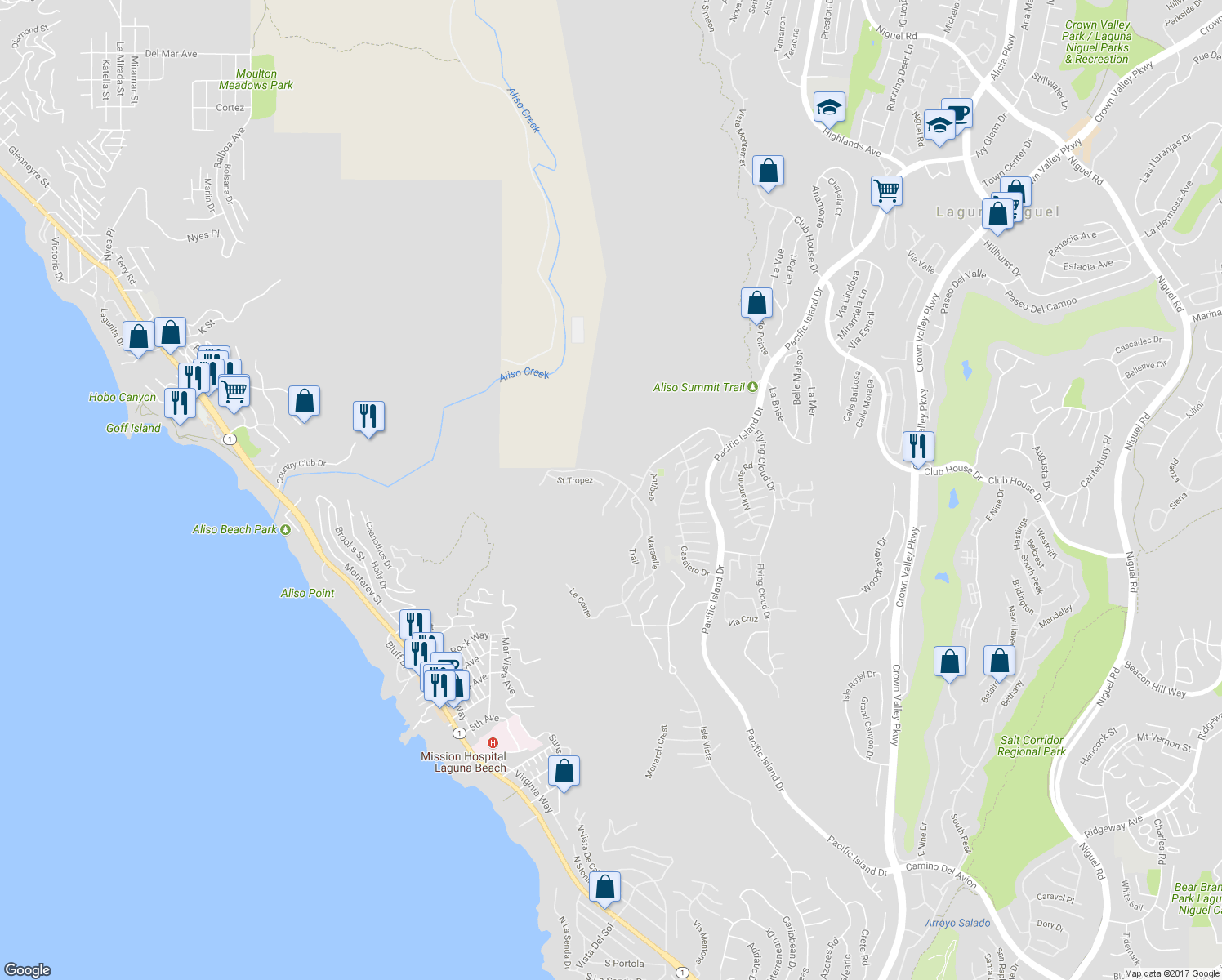 map of restaurants, bars, coffee shops, grocery stores, and more near 5 Saint Raphael in Laguna Niguel