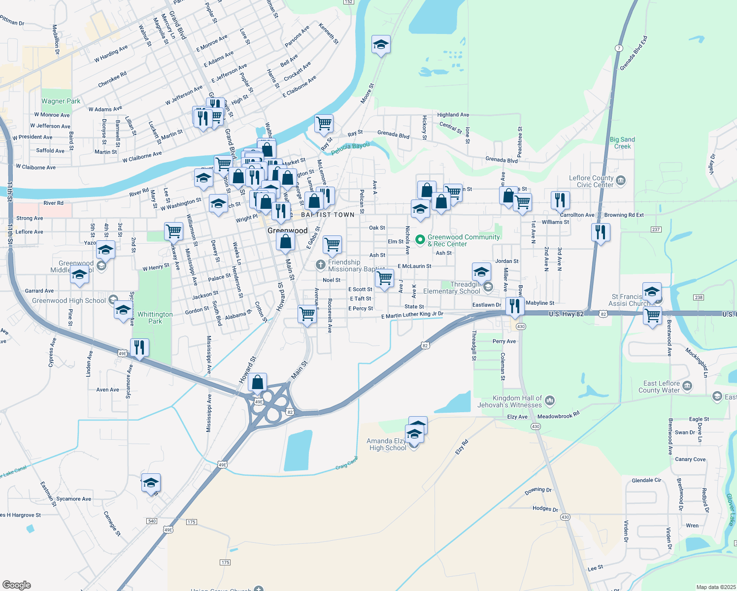 map of restaurants, bars, coffee shops, grocery stores, and more near 211 East Taft Street in Greenwood