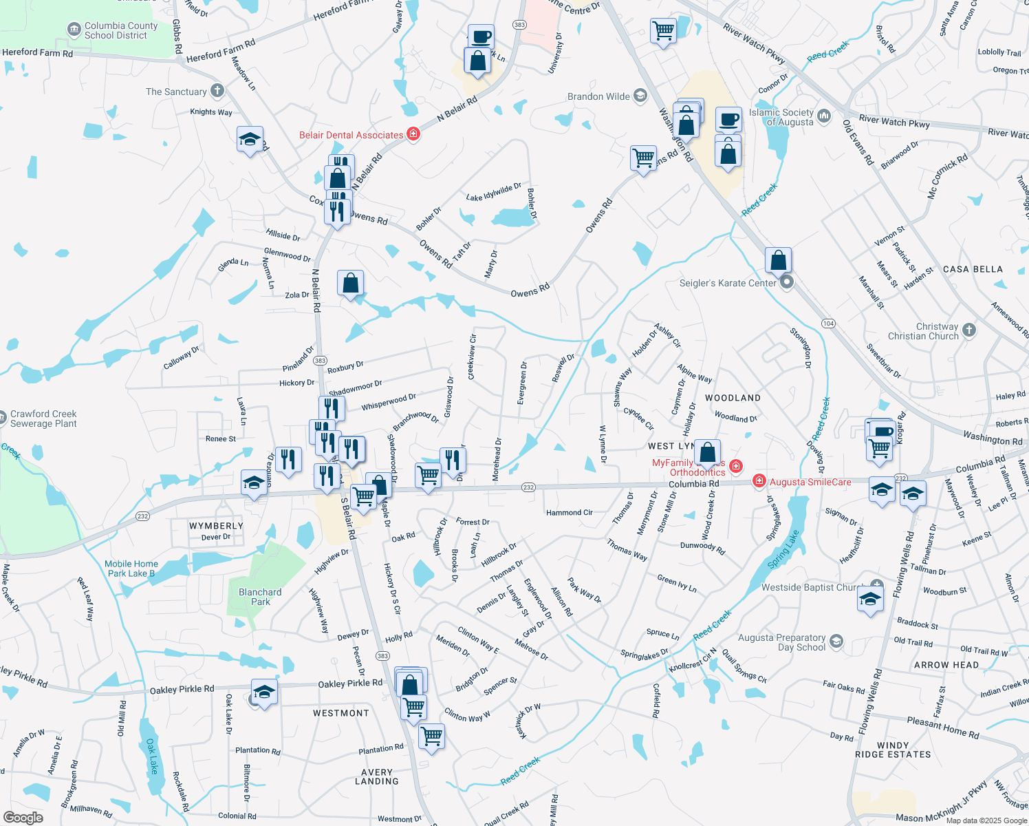 map of restaurants, bars, coffee shops, grocery stores, and more near 4377 Roswell Drive in Martinez