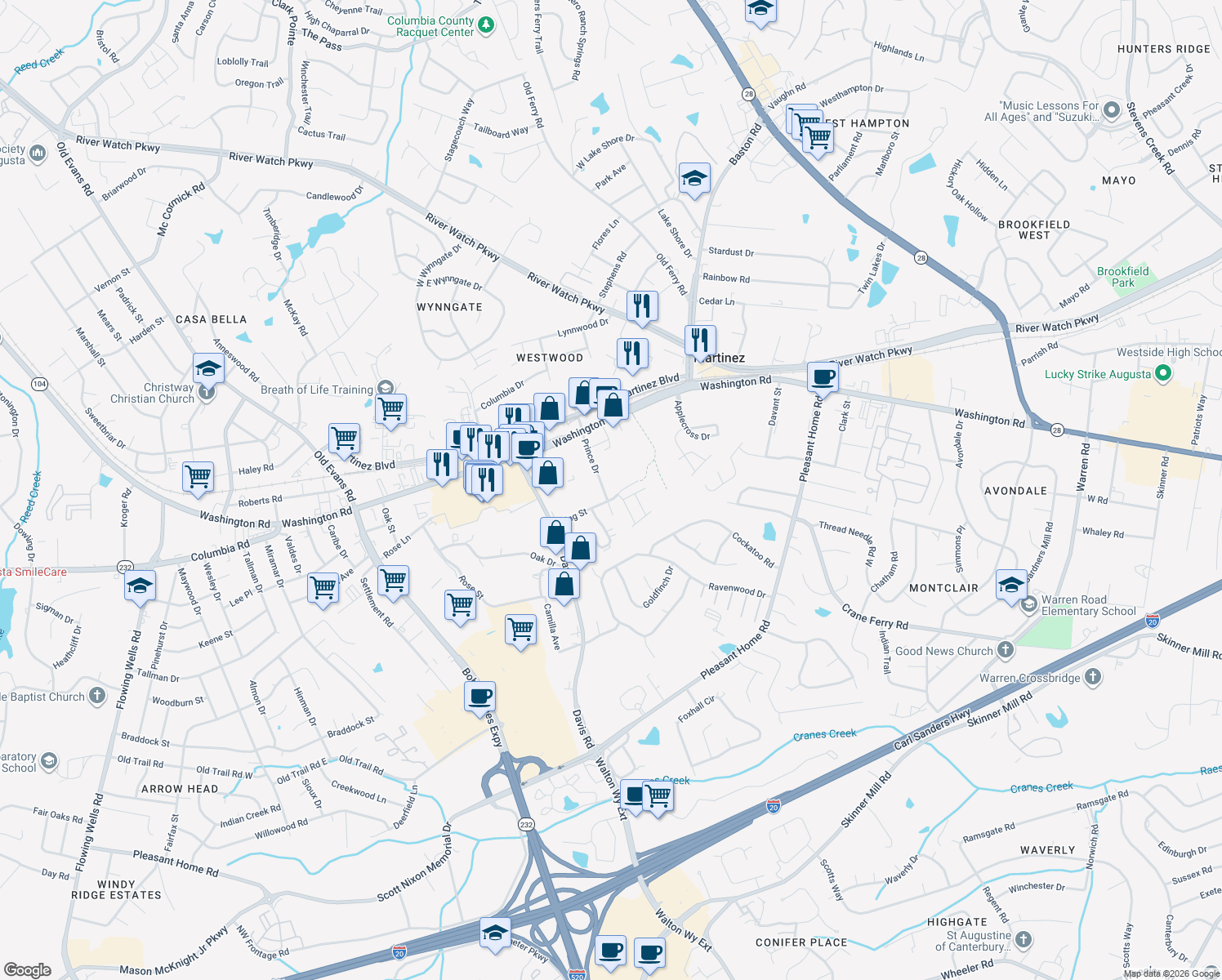 map of restaurants, bars, coffee shops, grocery stores, and more near 132 Prince Drive in Martinez