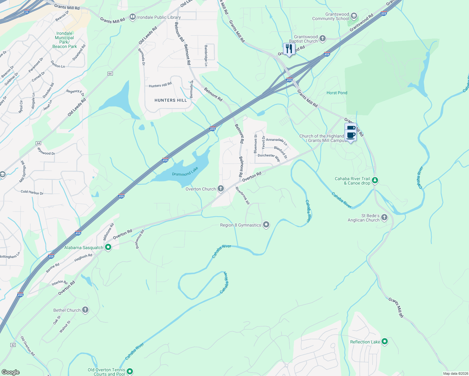 map of restaurants, bars, coffee shops, grocery stores, and more near 4106 Riverbrook Road in Irondale