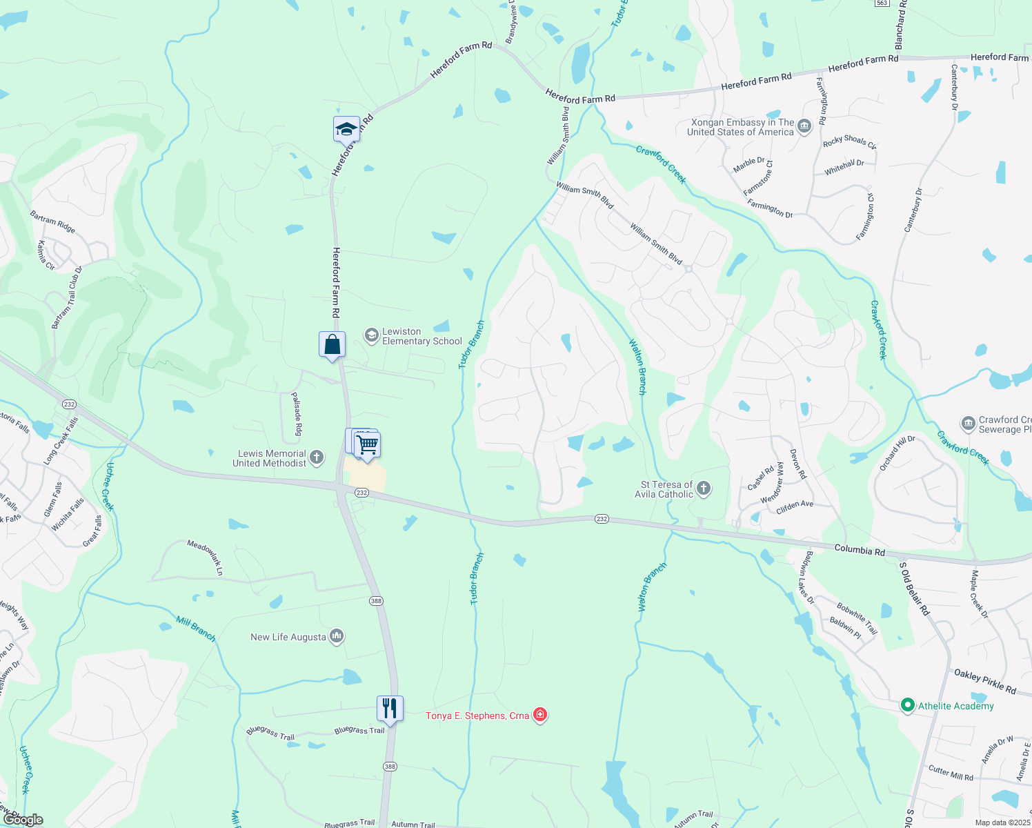 map of restaurants, bars, coffee shops, grocery stores, and more near 803 Cotswold Court in Grovetown