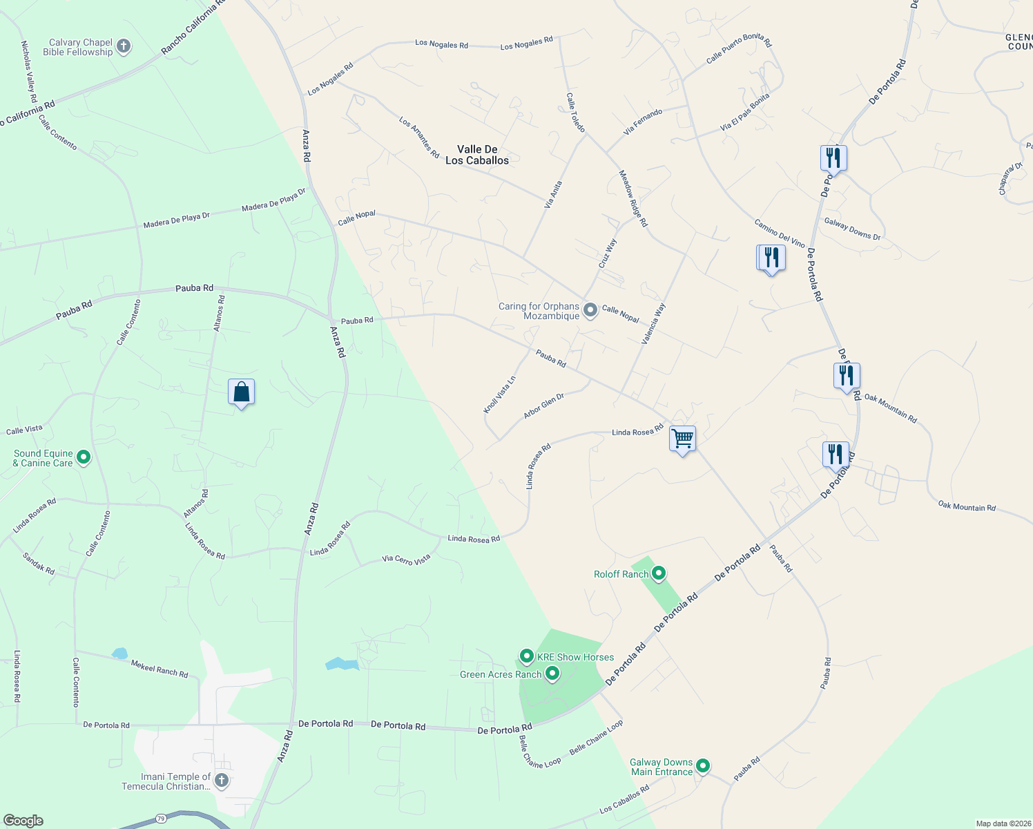 map of restaurants, bars, coffee shops, grocery stores, and more near 41987 Arbor Glen Drive in Temecula