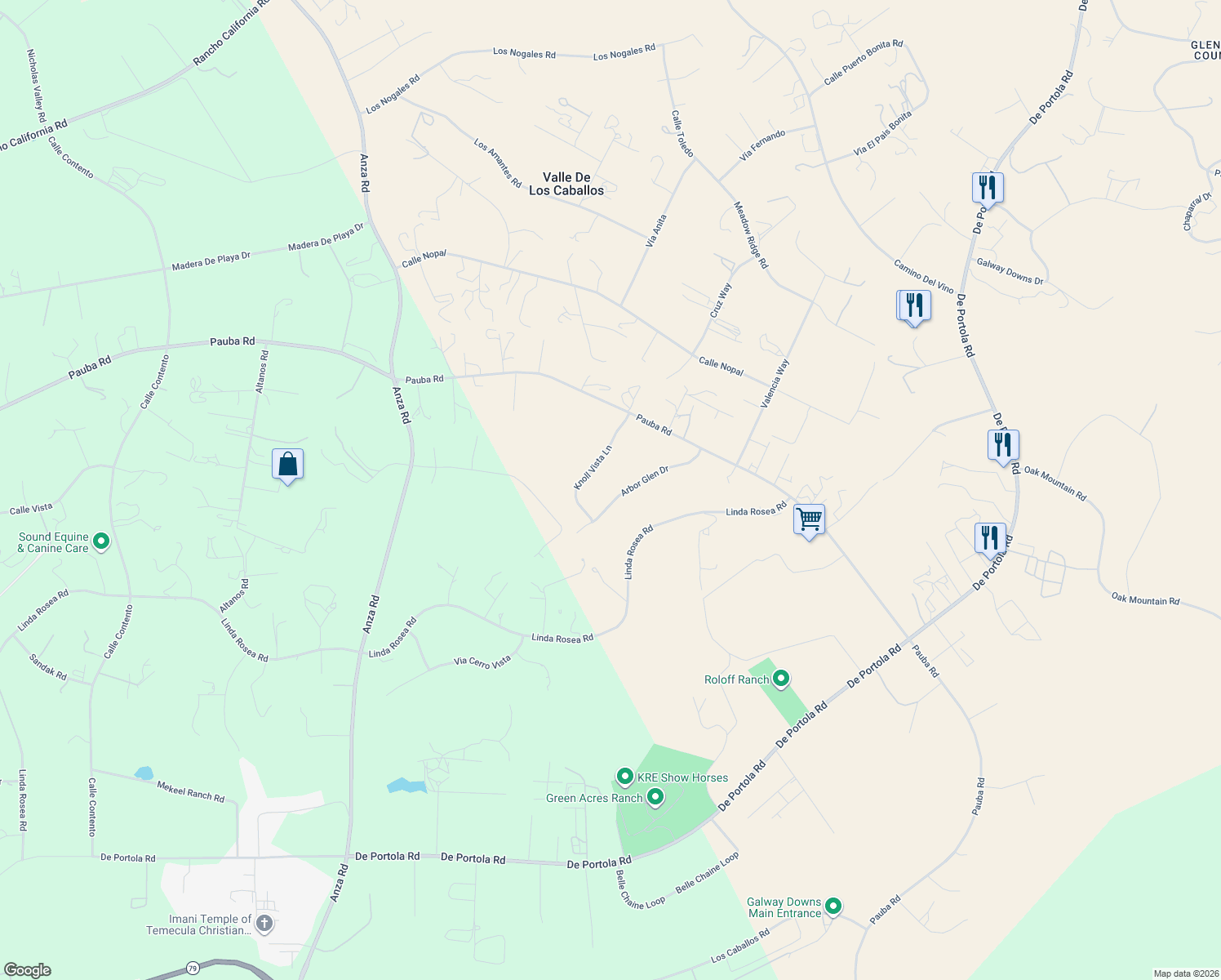 map of restaurants, bars, coffee shops, grocery stores, and more near 42028 Knoll Vista Lane in Temecula