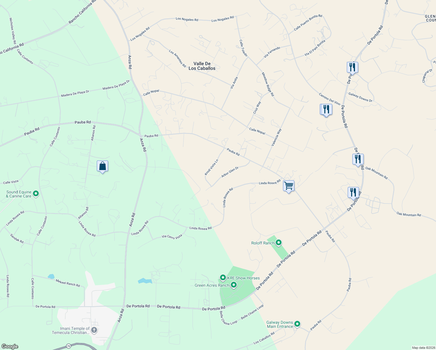map of restaurants, bars, coffee shops, grocery stores, and more near 42028 Knoll Vista Lane in Temecula