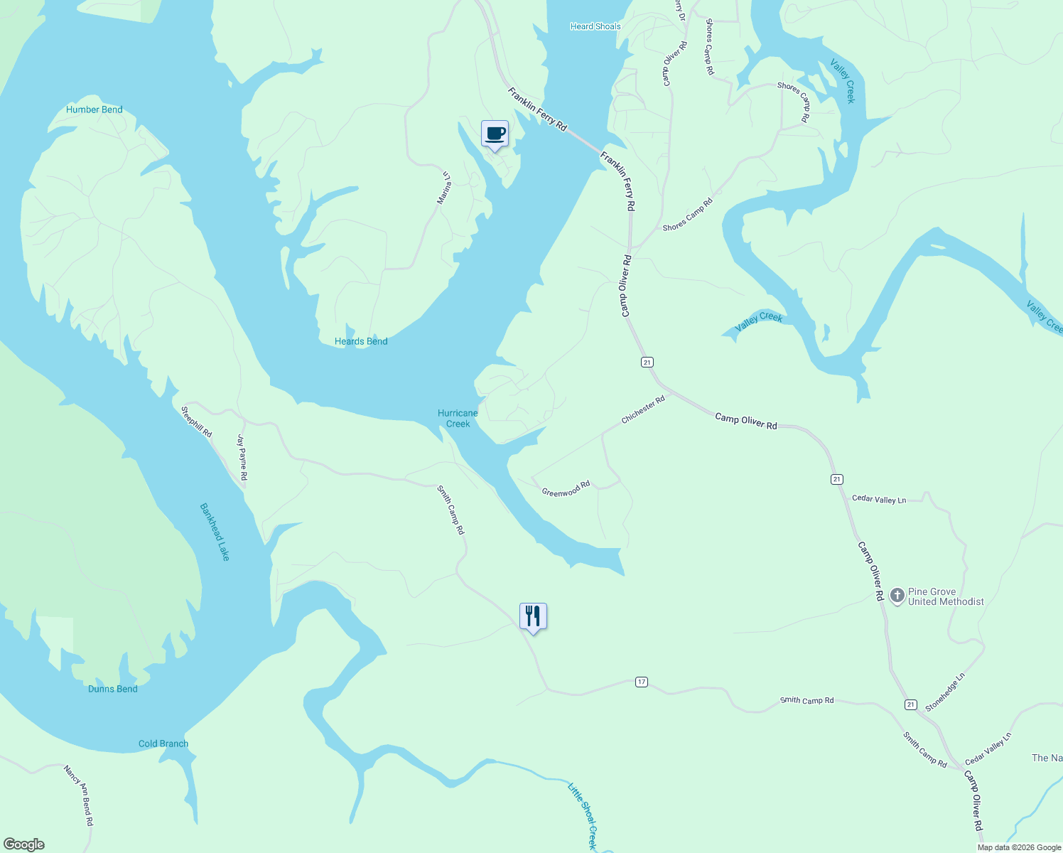 map of restaurants, bars, coffee shops, grocery stores, and more near 161 Sloughside Drive in Adger