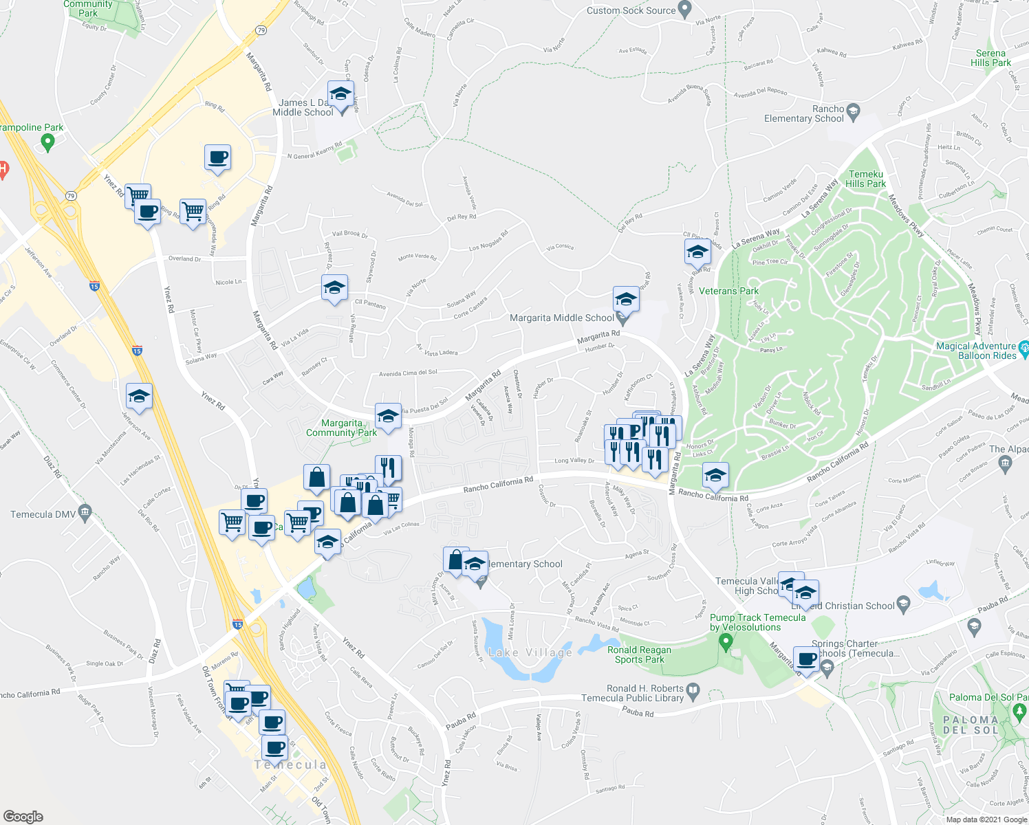 map of restaurants, bars, coffee shops, grocery stores, and more near 42113-42123 Acacia Way in Temecula