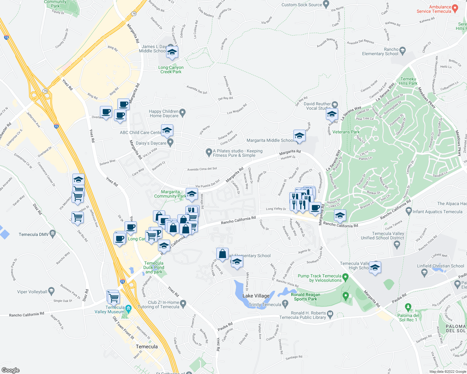 map of restaurants, bars, coffee shops, grocery stores, and more near 42112 Veneto Drive in Temecula