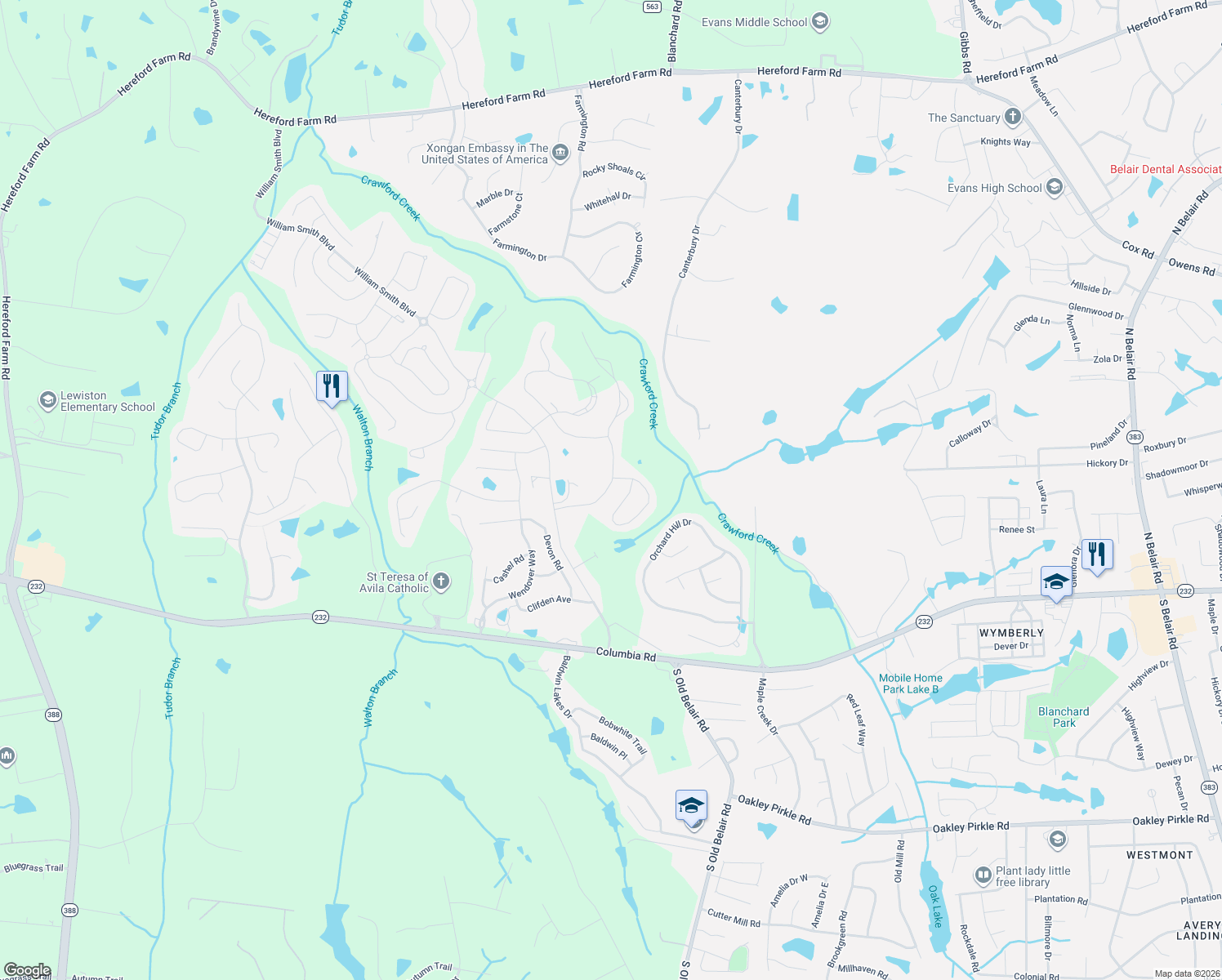 map of restaurants, bars, coffee shops, grocery stores, and more near 4856 Orchard Hill Drive in Grovetown