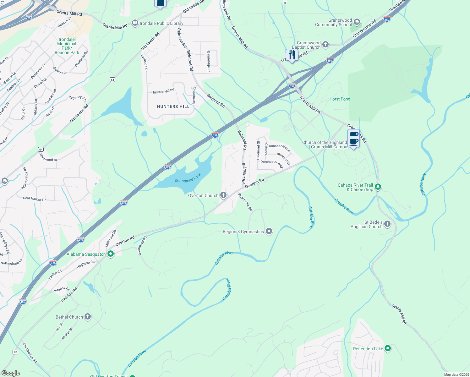 map of restaurants, bars, coffee shops, grocery stores, and more near 3890 Belmont Road in Irondale