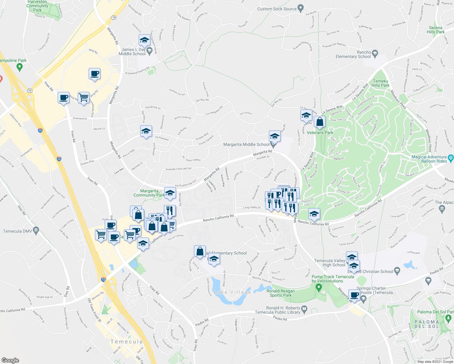 map of restaurants, bars, coffee shops, grocery stores, and more near 42109 Humber Drive in Temecula
