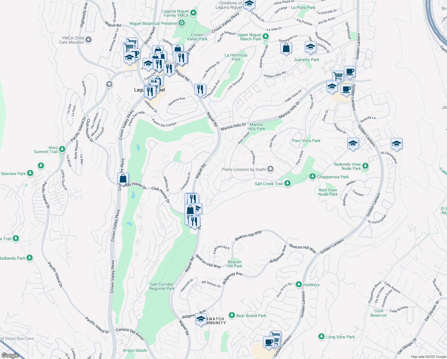 map of restaurants, bars, coffee shops, grocery stores, and more near 27 Siena in Laguna Niguel