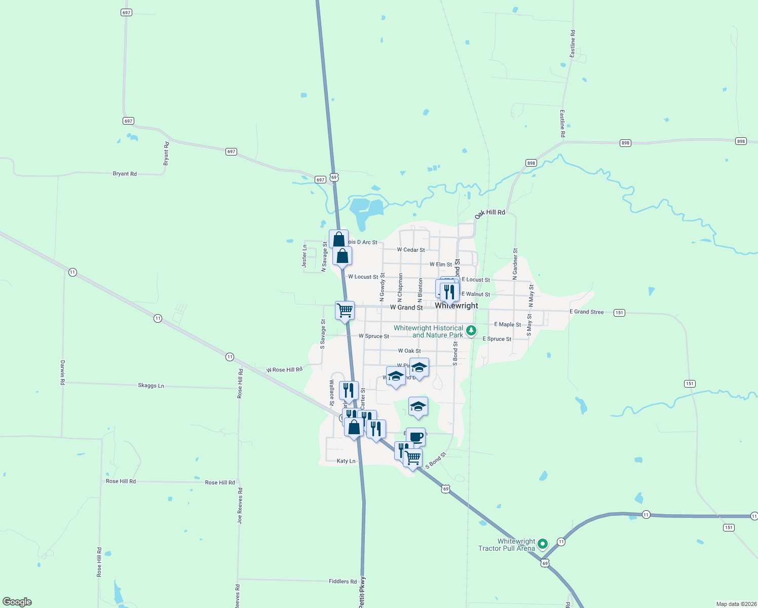 map of restaurants, bars, coffee shops, grocery stores, and more near 502 West Grand Street in Whitewright