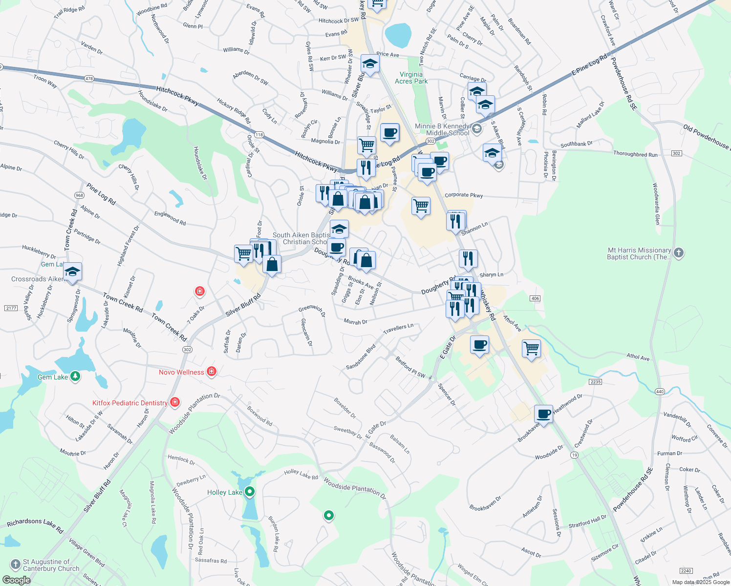 map of restaurants, bars, coffee shops, grocery stores, and more near 1105 Elon St in Aiken