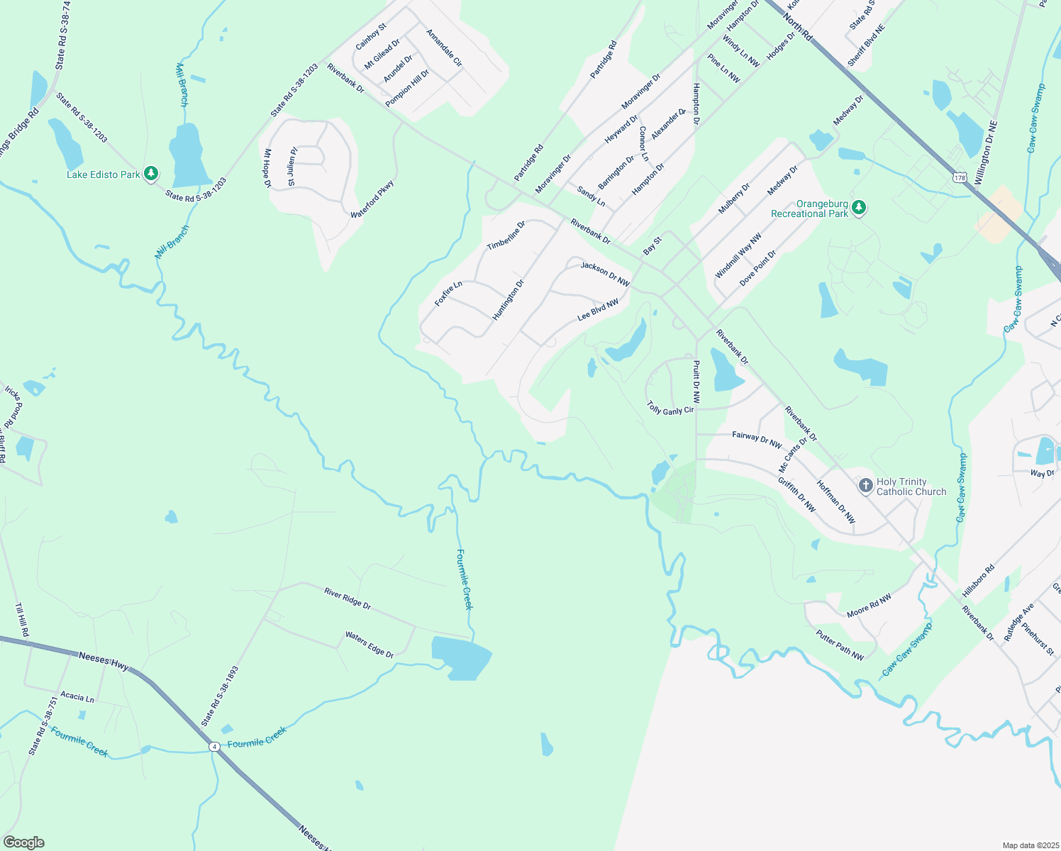 map of restaurants, bars, coffee shops, grocery stores, and more near 1536 Lee Boulevard Northwest in Orangeburg
