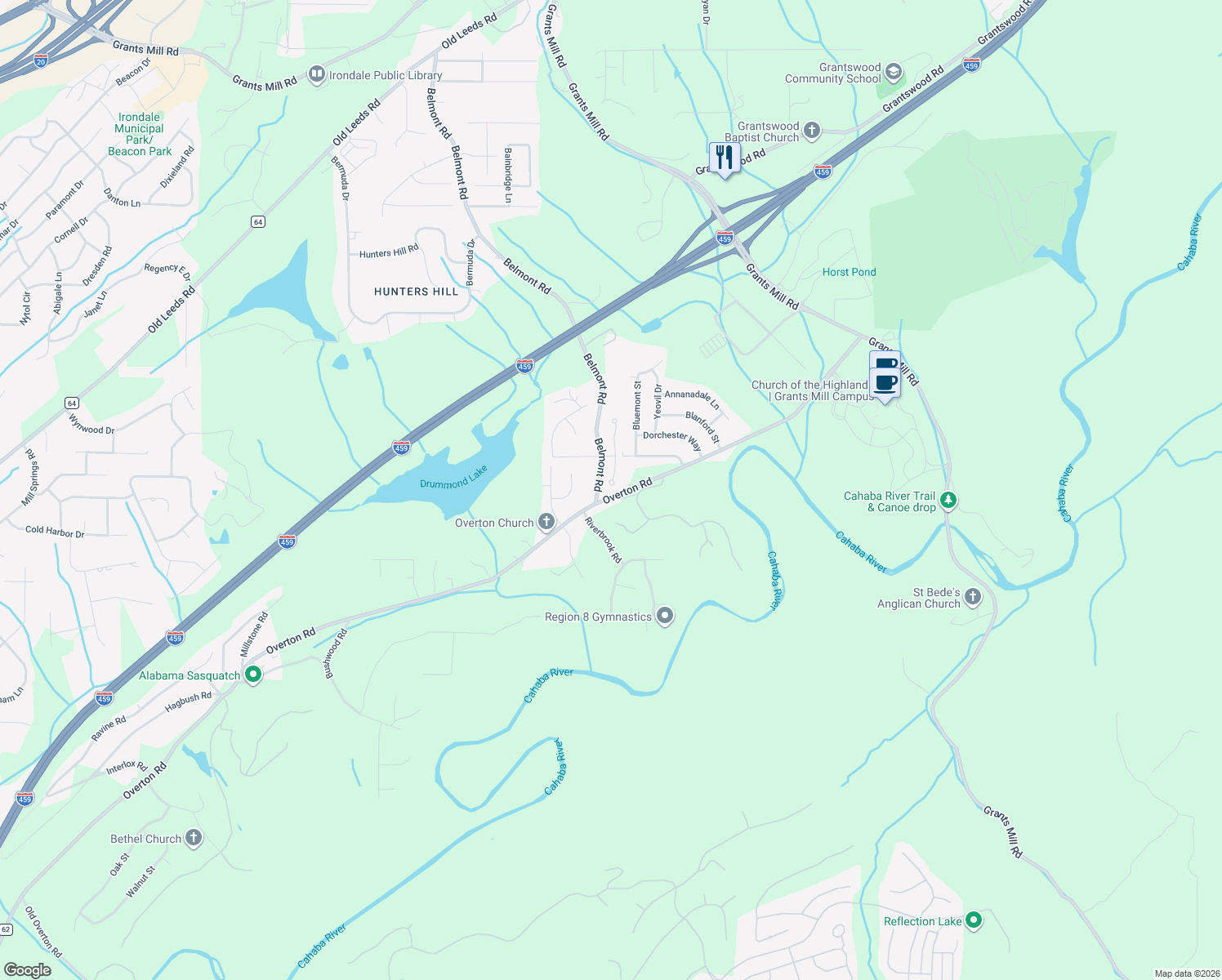 map of restaurants, bars, coffee shops, grocery stores, and more near 305 Barrington Court in Irondale